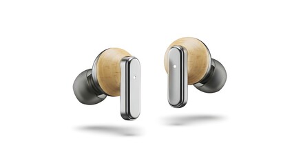 Premium Wood and Metal Wireless Earbuds Isolated on White