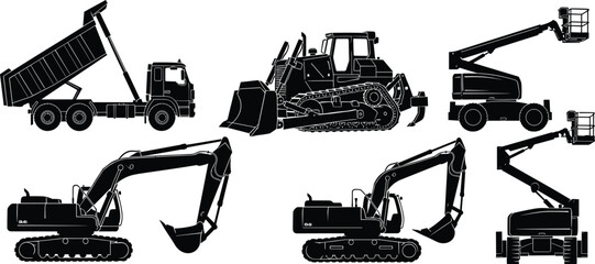 Construction Heavy Machinery Silhouette Set with Dump Truck Bulldozer Excavators and Boom Lifts Isolated on White Background for Industrial Vector Design © MdAbdul