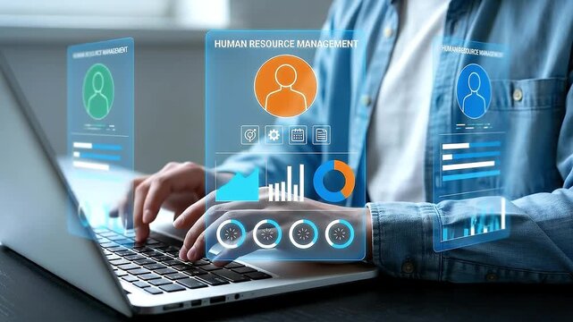 Digital HR system showing employee KPI data, team performance metrics and productivity dashboards used by organizations for workforce evaluation and human resource data driven decision making
