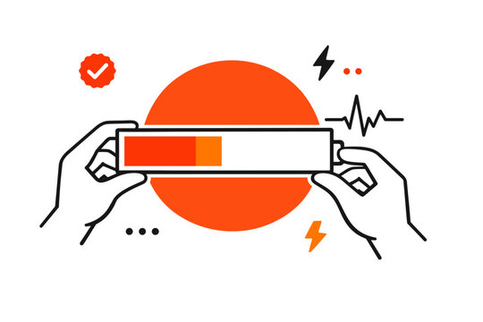 Minimalist icon of battery charge indicator with hands and energy symbols