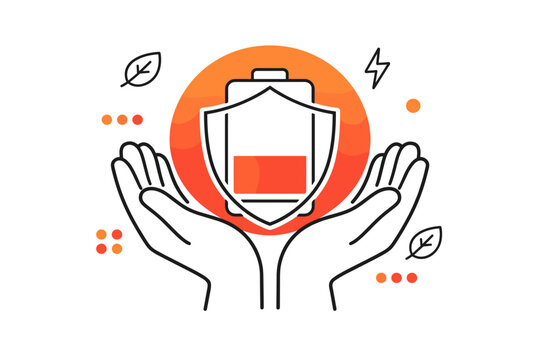 Energy conservation: shielded battery and caring hands illustration
