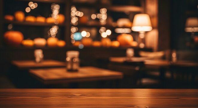 Empty Wooden Table Top Blurred Restaurant Background