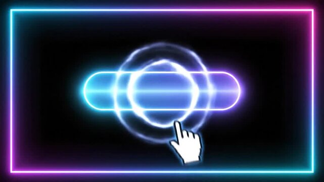 Black background with glowing neon frame, 'Save Here' button, and a digital pointing hand