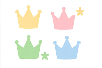 Pastel crowns and stars icon set on transparent background