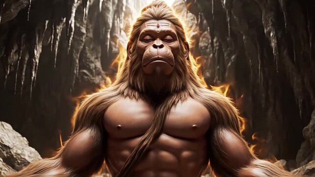 The figure of Hanuman, a mighty ape-like creature, meditates with an intense fiery aura, deep within an ancient mystical cave.