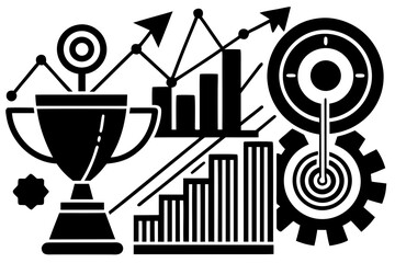 Fototapeta premium A black and white vector graphic illustration of business success and growth icons, including a trophy, bar graphs, and gears.