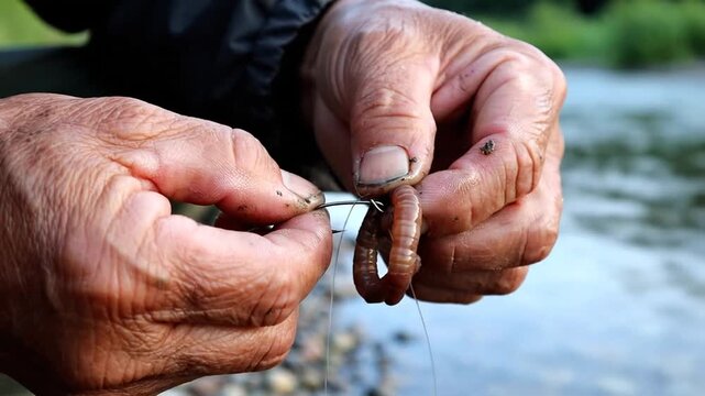 Fisherman Baiting Hook with Earthworm