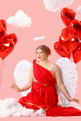 Fototapeta premium Beautiful woman dressed as Cupid with clouds and balloons on pink background. Valentine's Day celebration