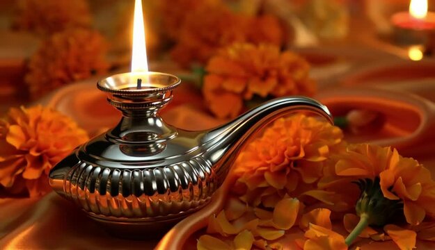 Sacred silver gada of lord hanuman adorned with marigold flowers and lit oil lamp for auspicious jayanti celebrations