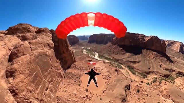 Extreme BASE Jumper Soars Through Red Rock Canyon in Thrilling Descent.