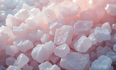 Vibrant close-up captures a mass of chunky, translucent pale pink mineral crystals illuminated strongly creating a soft, ethereal glow across the entire frame.