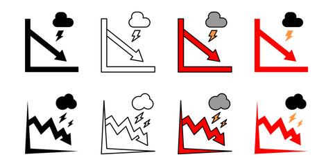 Financial crisis icon set, a falling or red graph symbol with a thunderstorm. Modern design isolated on a white background.