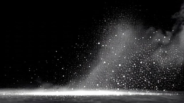 Abstract white dust particles and smoke explosion on black background dynamic motion of powder light effect cinematic slow motion.