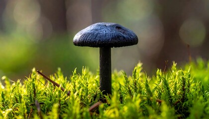 A solitary dark mushroom with a rounded cap stands tall amidst vibrant green moss and a soft, blurred background