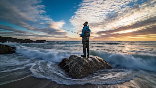 Fisherman casting line on rocky shore at sunrise with dramatic clouds and waves