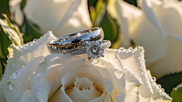 Two shiny wedding rings sparkle on a dew-kissed white rose, a symbol of love and commitment
