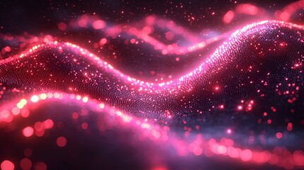 Abstract glowing red particle wave background.