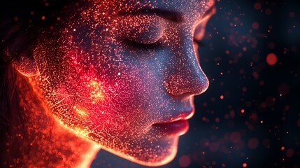 Serene woman's face adorned with fiery, glowing particles.