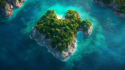 Heart-shaped tropical island aerial view.