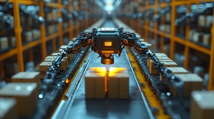 Automated robotic arm sorting packages on conveyor belt in warehouse.