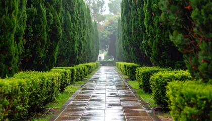 A stone path extends between manicured hedges and tall, dark green trees, leading to a misty horizon. The ground reflects the soft light
