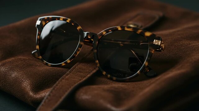 Tortoiseshell Frame Sunglasses Resting on a Brown Leather Pouch Against a Dark Background in a Studio Setting for Product Display and Accessory Promotion
