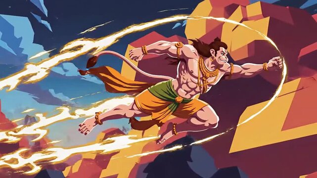 An epic digital illustration of a mighty mythical warrior hanuman soaring across a dynamic fantasy landscape with incredible speed and power.
