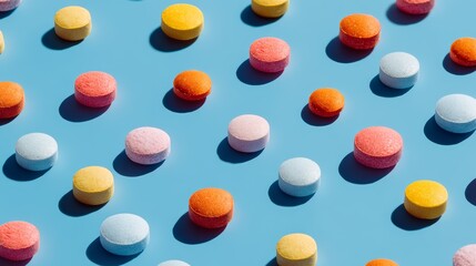 Fototapeta premium Scattered multicolored tablets on blue background create a clean and simple design for pharmaceutical use or product display in a modern setting
