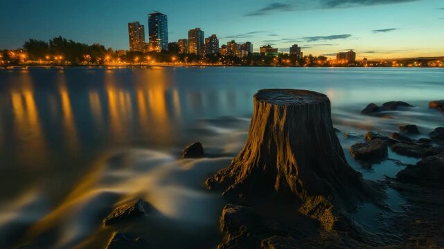 Tree stump in front of city skyline