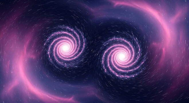 A pair of spiral galaxies collide in a cosmic dance, viewed from a distant perspective in the vast universe, capturing the essence of celestial bodies and astronomical events.