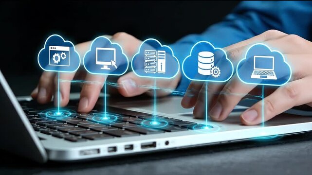 Multi cloud computing. Connecting to cloud service servers. Businessman using laptop computer with SaaS application.
