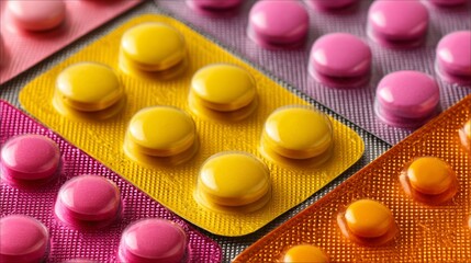 Close-up view of colorful pill blisters in yellow, pink, and orange showcasing pharmacy concepts in macro detail
