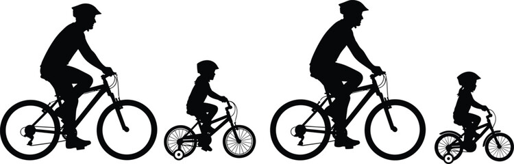 Obraz premium Father and child cycling together, family biking silhouettes, outdoor activity, parenting lifestyle, healthy recreation, childhood learning, black illustration, isolated