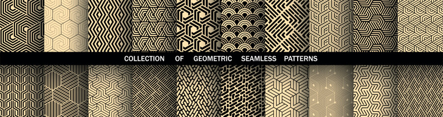 Geometric set of seamless black and golden patterns. Simple vector graphics