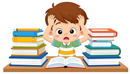 A stressed young boy surrounded by tall stacks of books, looking overwhelmed and holding his head