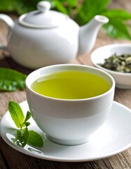 A cup of green tea with a teapot, tea leaves and mint