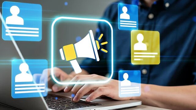 Social media campaigns and marketing strategy. Optimization of target audience and segmentation. Influencer using laptop computer to promote brand.
