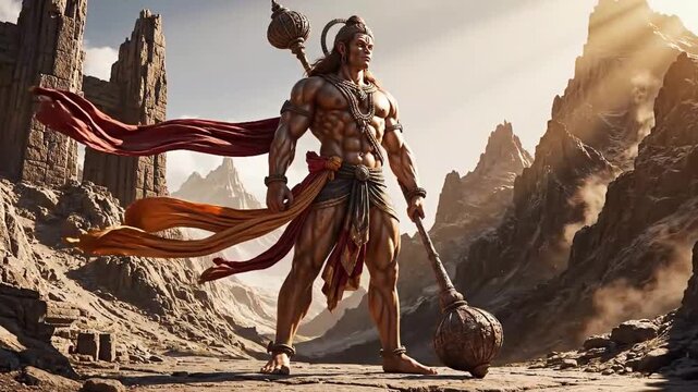 A majestic, powerful Hanuman mythological warrior stands defiantly in an ancient, sun-drenched barren landscape, gripping a formidable mace, embodying strength and legendary heroism