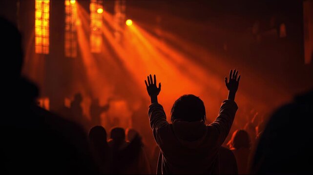 Silhouette of worshiper with raised hands in church during praise service, seamless loop animation, christian animation
