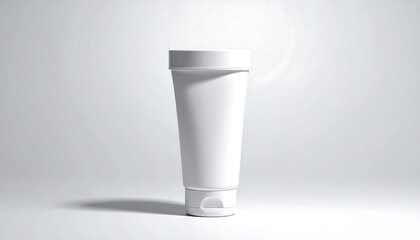 A stark white, cylindrical container, standing upright with a cap on top, casting a shadow on a light gray background
