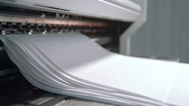 Closeup of a modern industrial printer in operation feeding sheets of paper for highvolume printing.
