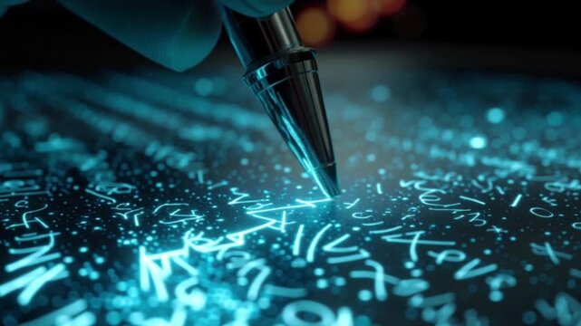 Closeup of a pen writing glowing blue symbols on a dark surface creating a mystical and technological atmosphere.