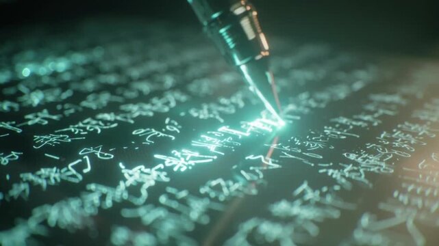 Closeup of a pen writing glowing ethereal script on a dark surface creating a magical and mysterious atmosphere.