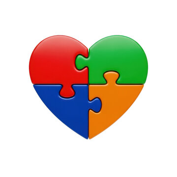 A heart made of four colorful puzzle pieces symbolizing unity and connection isolated on transparent background