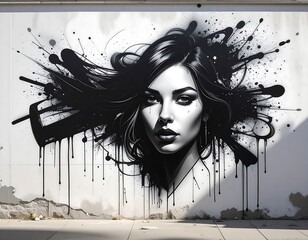 A striking black and white portrait of a woman adorns a textured wall, surrounded by ink-splattered artistry, giving it an urban mural appearance