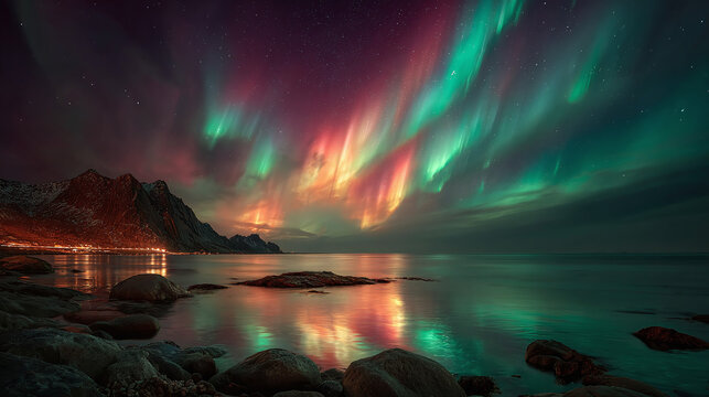 Aurora Borealis: A breathtaking display of lights over a tranquil lake and mountains