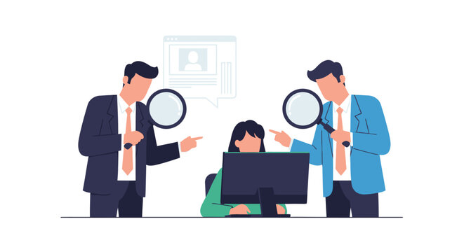 Business Scrutiny and Investigation: Two managers with magnifying glasses monitoring female employee data on a computer. Corporate surveillance, strict HR review, and micromanagement vector.