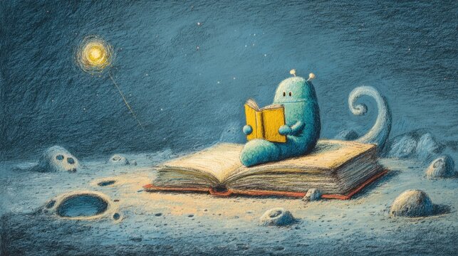 Cute Blue Alien Reading Book Sitting on Open Book in Moonlit Landscape