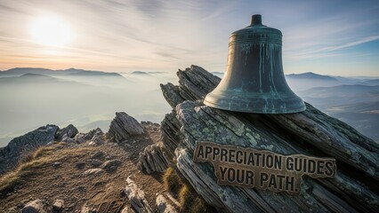 A weathered bronze bell rests atop a rocky mountain summit, overlooking a vast expanse of fog and distant peaks under a cloudy sky, a testament to appreciation and guidance.
