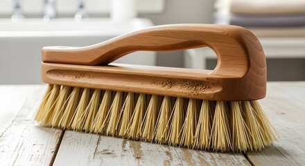A wooden handled brush with natural bristles resting on a flat surface